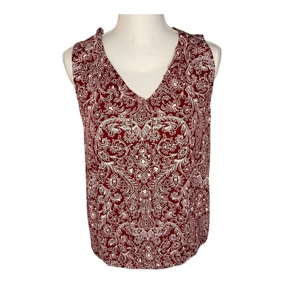 LOFT Outlet Women’s Small Red &‎ White Blouson Ruffled V-Neck Tank - Picture 1 of 4